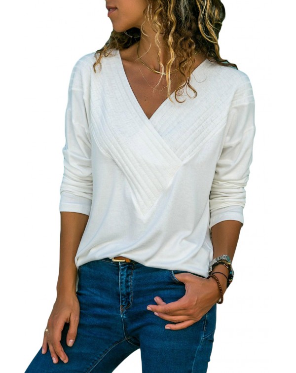 White Long Sleeve V Neck Casual Top