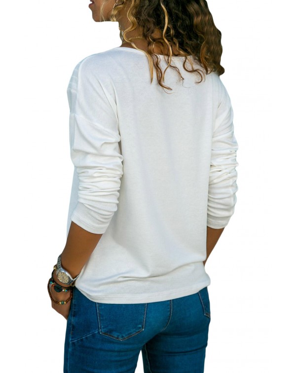 White Long Sleeve V Neck Casual Top