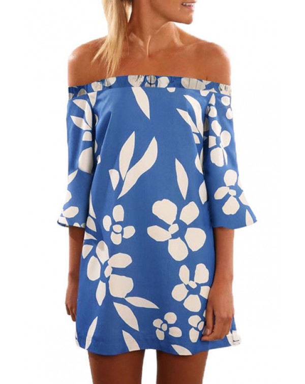 Blue Off Shoulder Floral Print Boho Dress