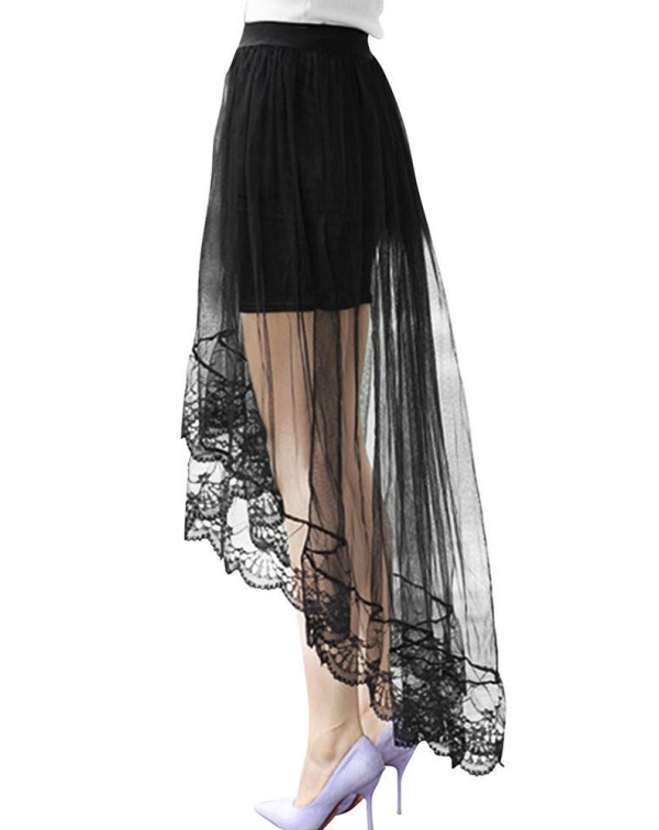 Black Lace Tulle Overlay Hi-lo Hem Skirt