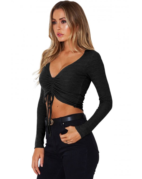 Black Cinched Lace Up Long Sleeve Crop Top