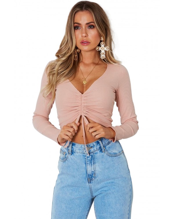 Pink Cinched Lace Up Long Sleeve Crop Top