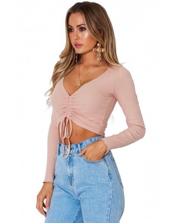 Pink Cinched Lace Up Long Sleeve Crop Top