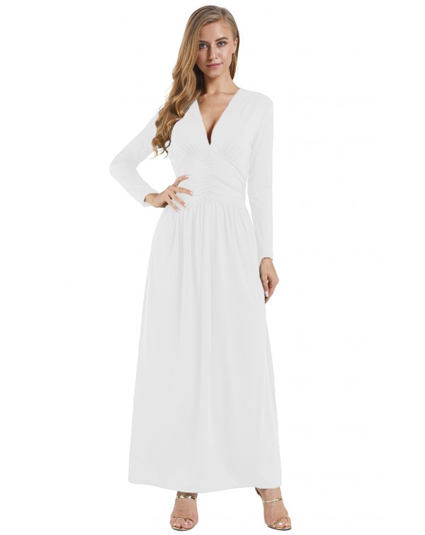 White Vintage Inspired V-neck Long Sleeve Maxi Dre...