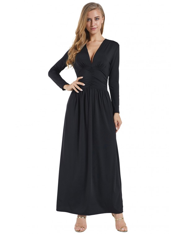 Black Vintage Inspired V-neck Long Sleeve Maxi Dre...