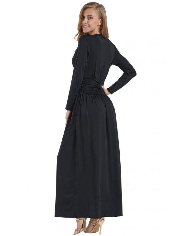 Black Vintage Inspired V-neck Long Sleeve Maxi Dress