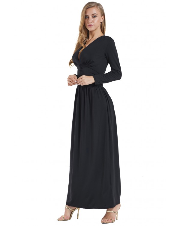 Black Vintage Inspired V-neck Long Sleeve Maxi Dress