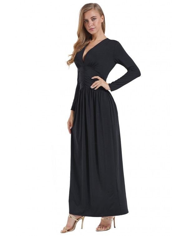 Black Vintage Inspired V-neck Long Sleeve Maxi Dress