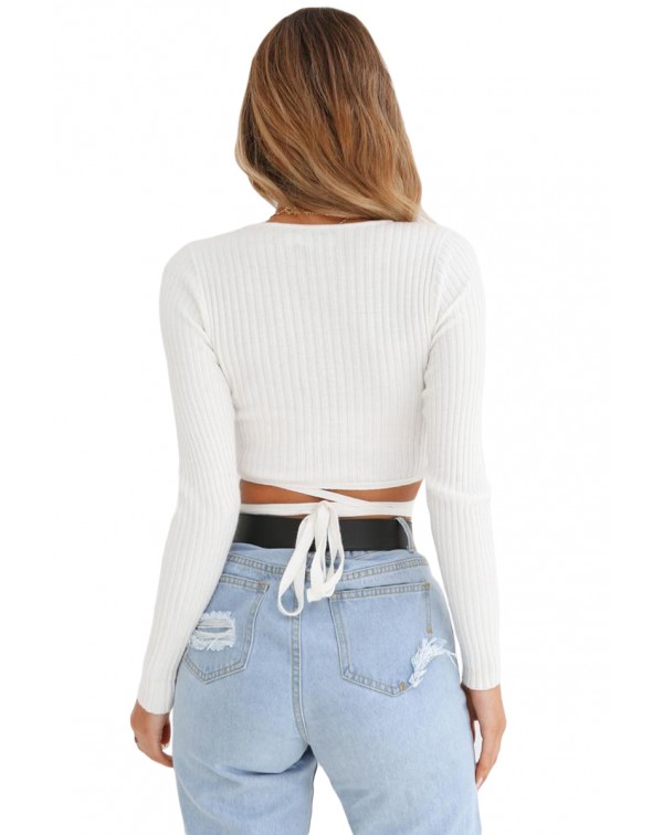 White Wrap V Neck Tie Waist Ribbed Crop Top