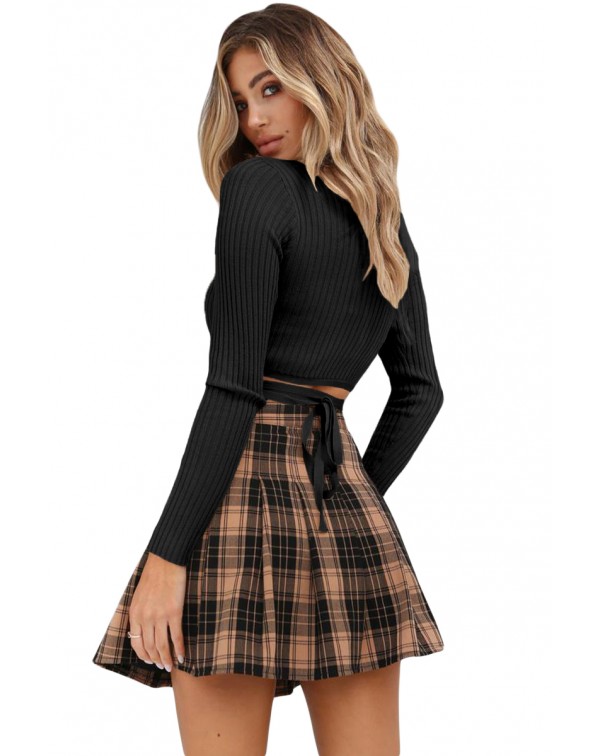 Black Wrap V Neck Tie Waist Ribbed Crop Top